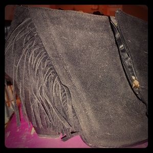Black Suade peep toe booties with fringe